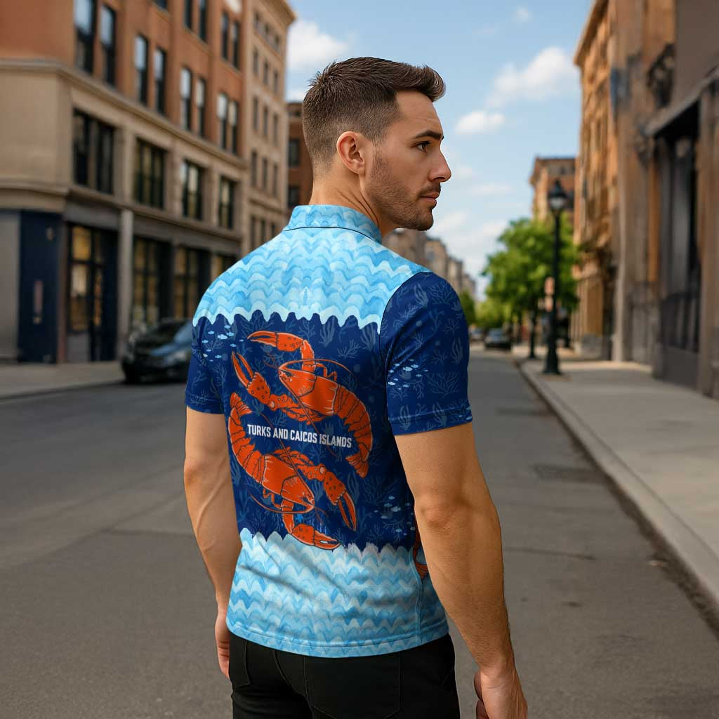 Turks and Caicos Islands Zipper Polo Shirt with Red Crab and Ocean Wave Coral Reef Design - Wonder Print Shop