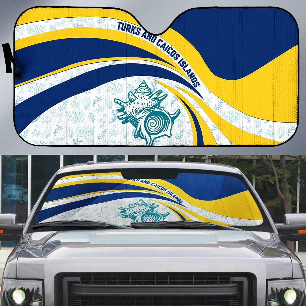 Turks and Caicos Islands Auto Sun Shade with Sea Shell Graphic and Yellow Blue Wave Design - Wonder Print Shop