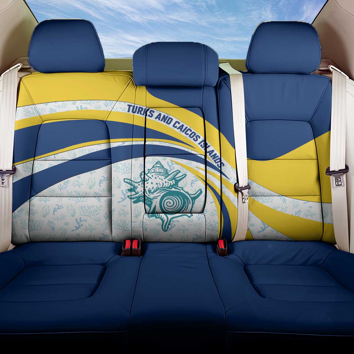 Turks and Caicos Islands Back Car Seat Cover with Sea Shell Graphic and Yellow Blue Wave Design - Wonder Print Shop