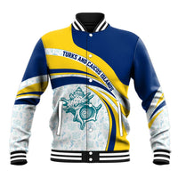 Turks and Caicos Islands Baseball Jacket with Sea Shell Graphic and Yellow Blue Wave Design - Wonder Print Shop