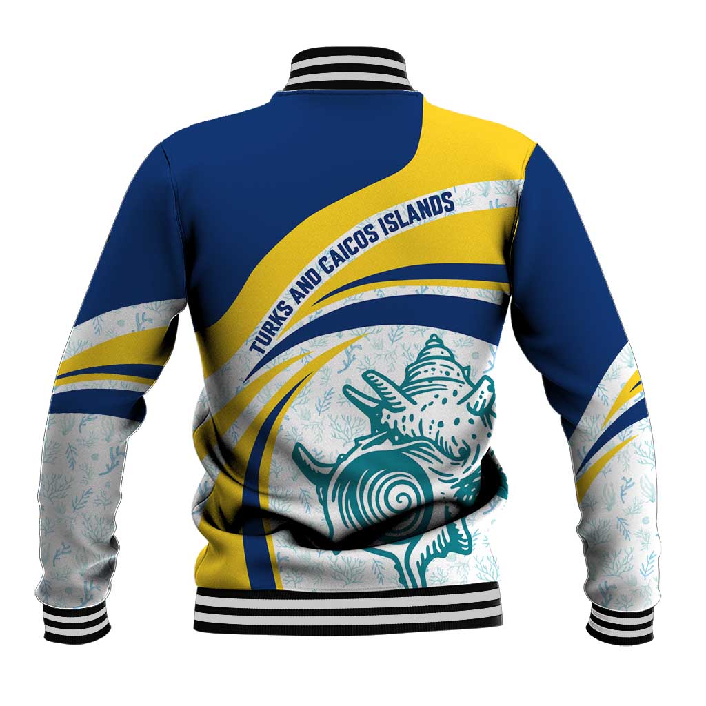 Turks and Caicos Islands Baseball Jacket with Sea Shell Graphic and Yellow Blue Wave Design - Wonder Print Shop