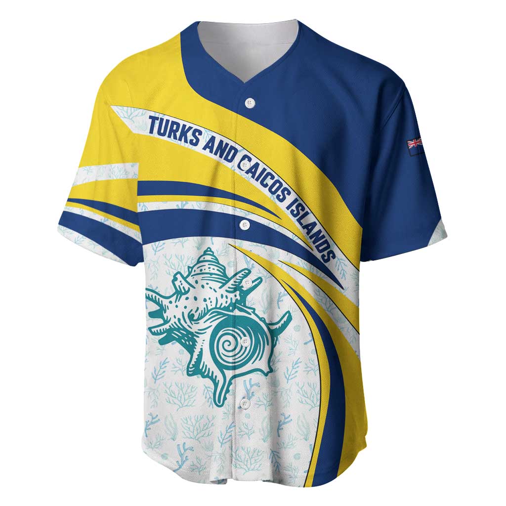 Turks and Caicos Islands Baseball Jersey with Sea Shell Graphic and Yellow Blue Wave Design - Wonder Print Shop