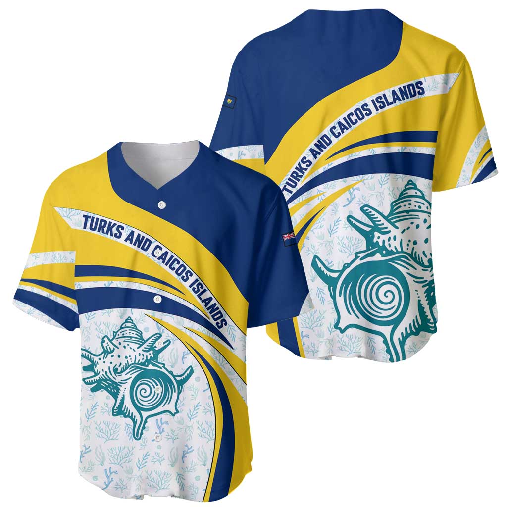Turks and Caicos Islands Baseball Jersey with Sea Shell Graphic and Yellow Blue Wave Design - Wonder Print Shop