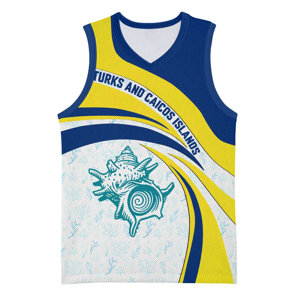 Turks and Caicos Islands Basketball Jersey with Sea Shell Graphic and Yellow Blue Wave Design - Wonder Print Shop