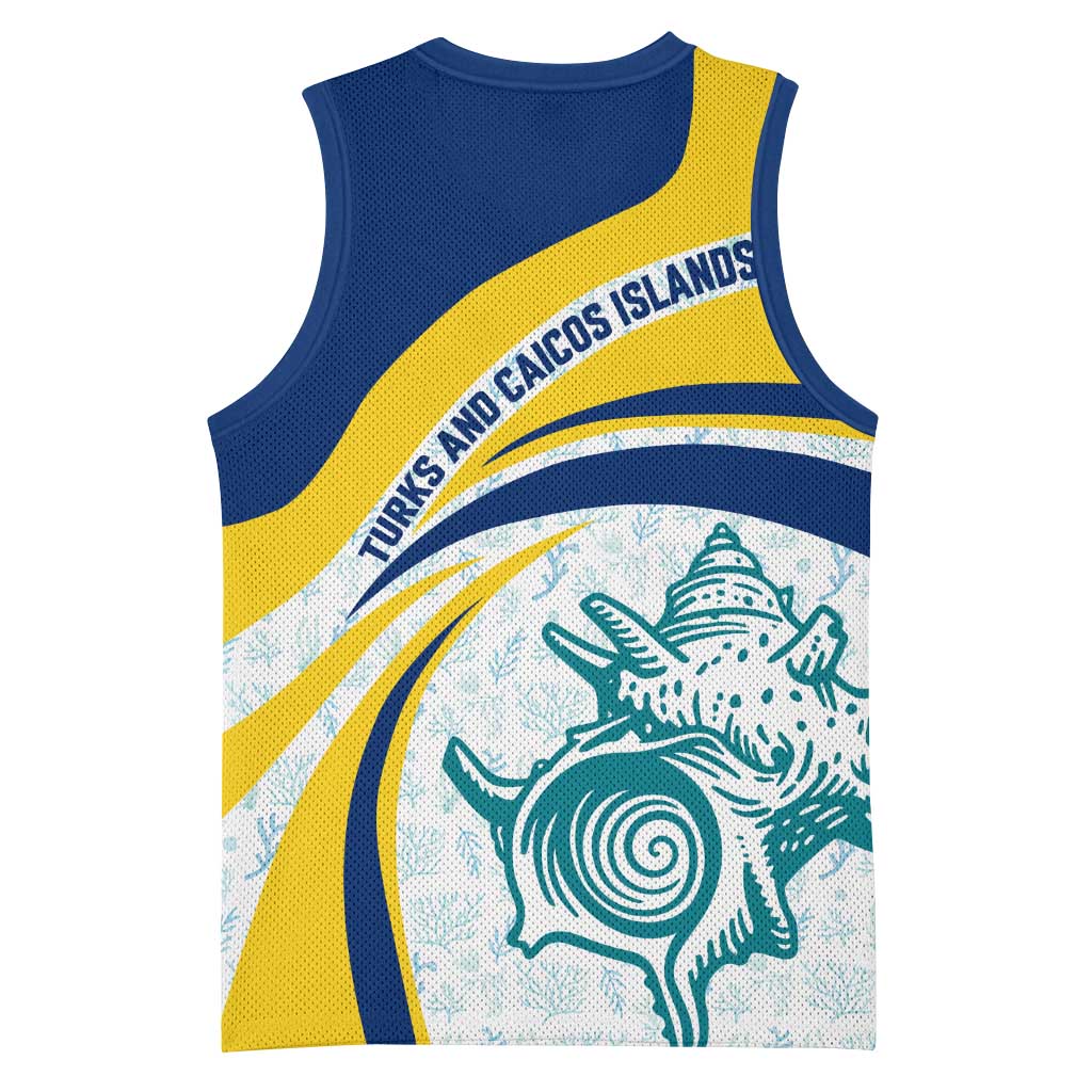 Turks and Caicos Islands Basketball Jersey with Sea Shell Graphic and Yellow Blue Wave Design - Wonder Print Shop