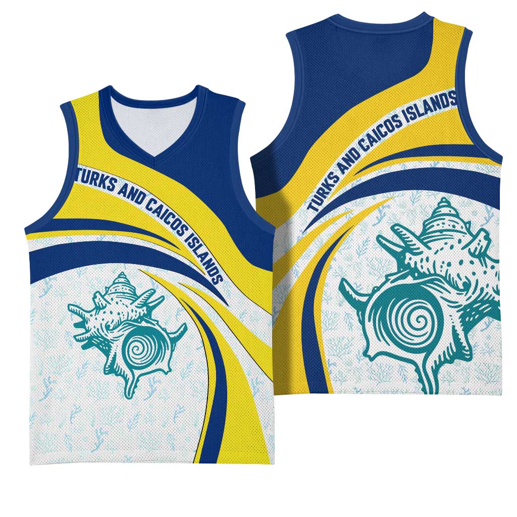 Turks and Caicos Islands Basketball Jersey with Sea Shell Graphic and Yellow Blue Wave Design - Wonder Print Shop