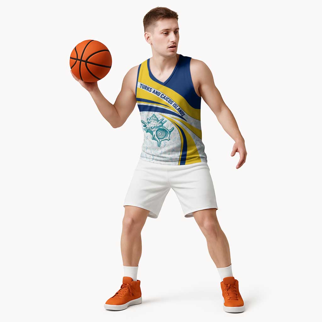 Turks and Caicos Islands Basketball Jersey with Sea Shell Graphic and Yellow Blue Wave Design - Wonder Print Shop