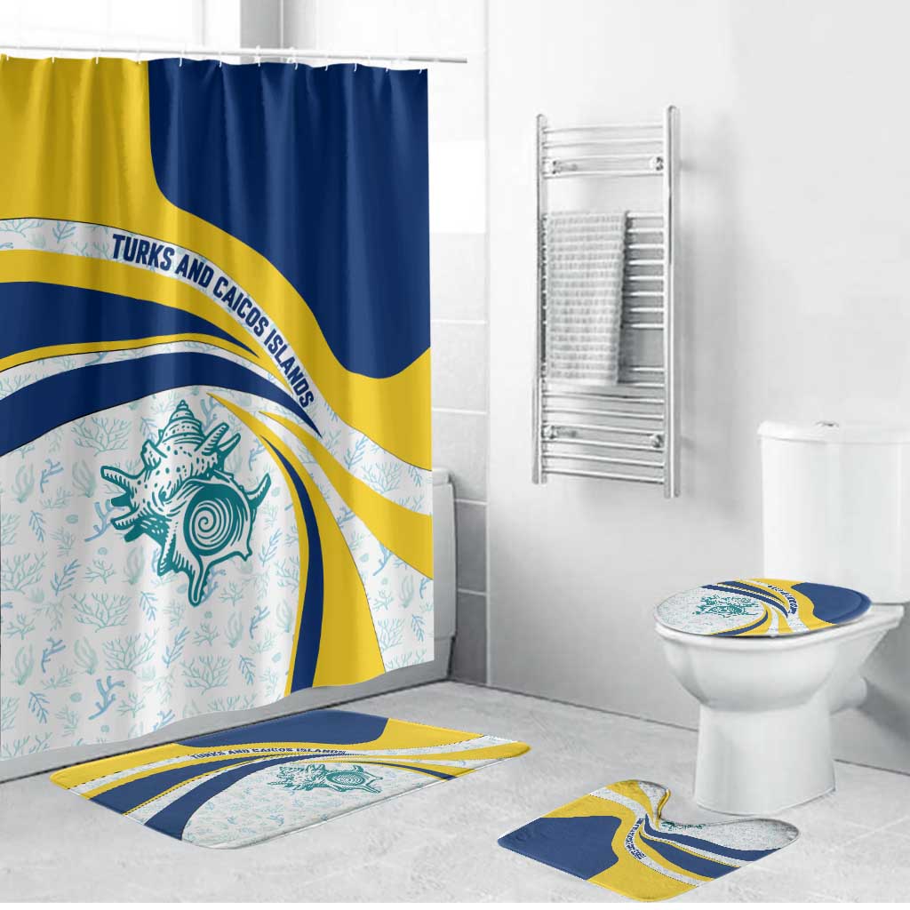 Turks and Caicos Islands Bathroom Set with Sea Shell Graphic and Yellow Blue Wave Design - Wonder Print Shop