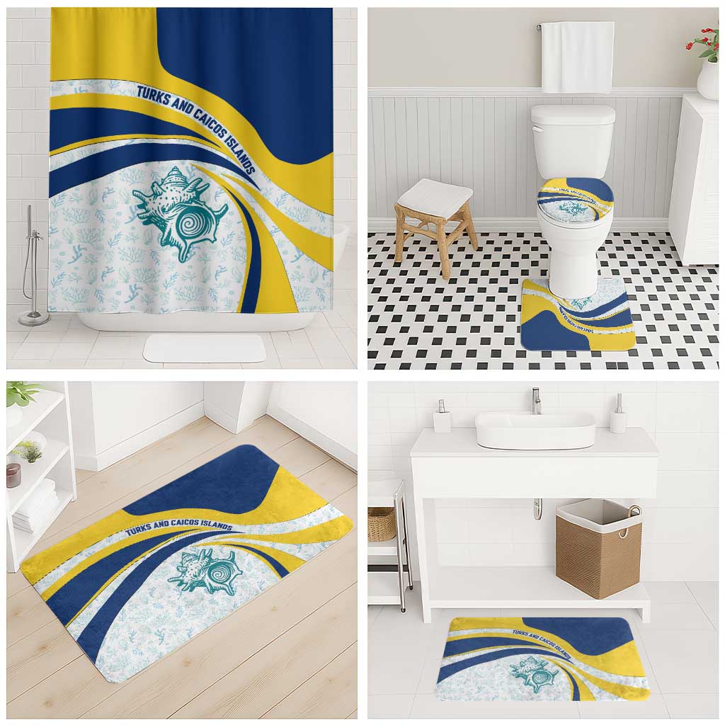 Turks and Caicos Islands Bathroom Set with Sea Shell Graphic and Yellow Blue Wave Design - Wonder Print Shop
