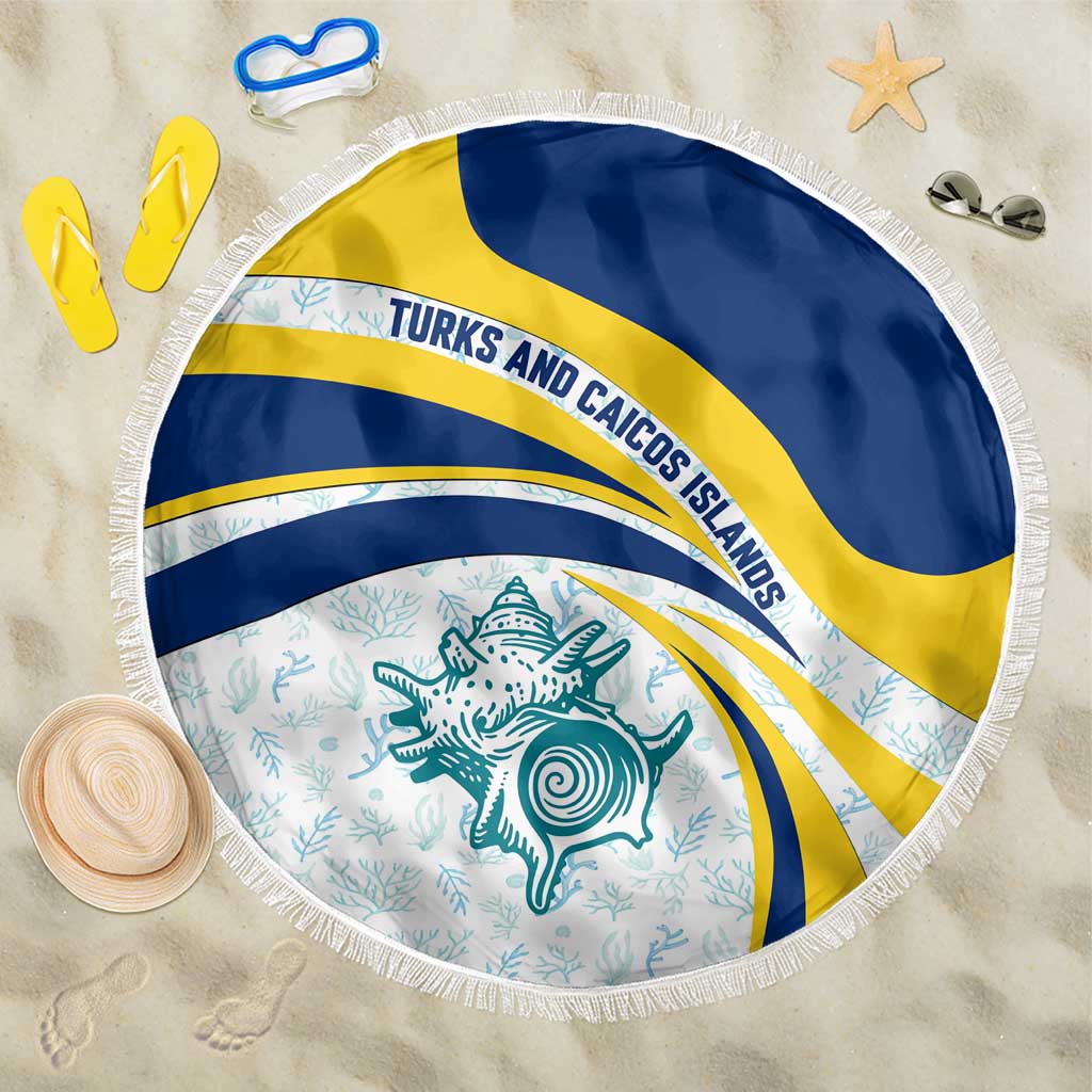 Turks and Caicos Islands Beach Blanket with Sea Shell Graphic and Yellow Blue Wave Design - Wonder Print Shop
