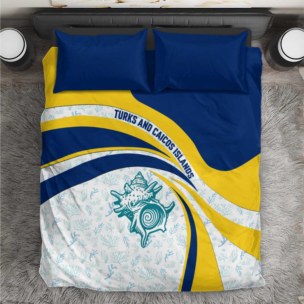 Turks and Caicos Islands Bedding Set with Sea Shell Graphic and Yellow Blue Wave Design - Wonder Print Shop