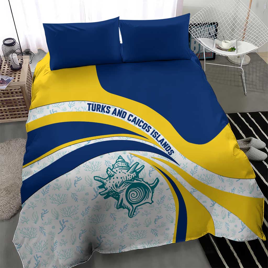 Turks and Caicos Islands Bedding Set with Sea Shell Graphic and Yellow Blue Wave Design - Wonder Print Shop