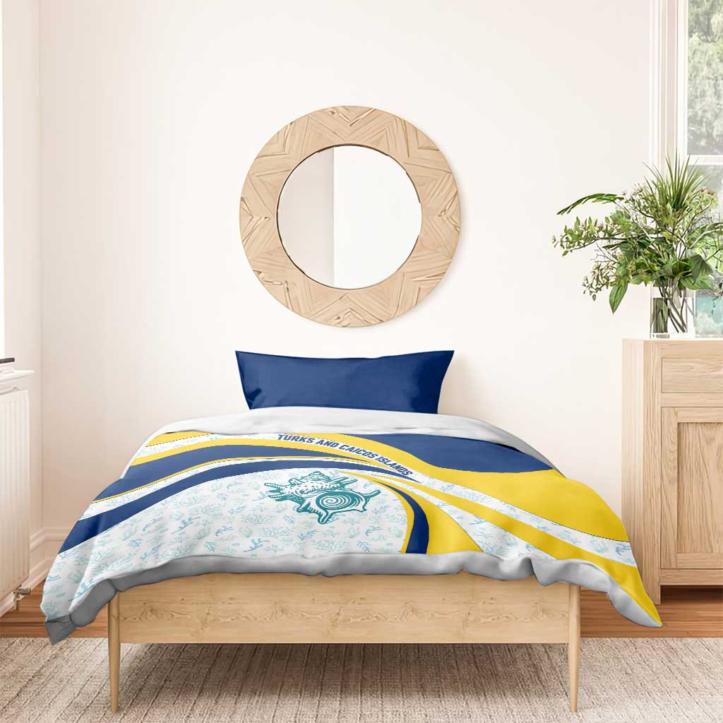 Turks and Caicos Islands Bedding Set with Sea Shell Graphic and Yellow Blue Wave Design - Wonder Print Shop