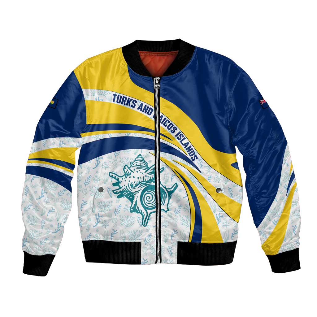 Turks and Caicos Islands Bomber Jacket with Sea Shell Graphic and Yellow Blue Wave Design - Wonder Print Shop