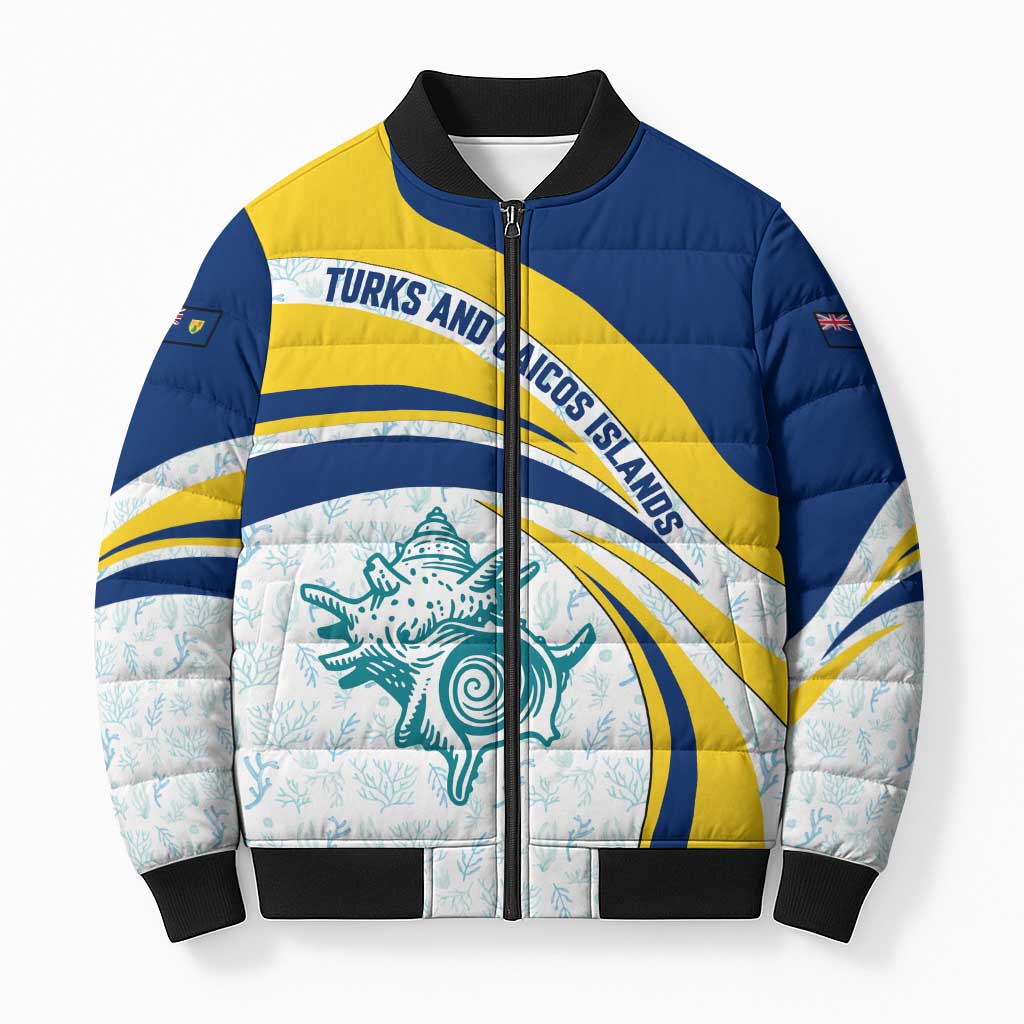 Turks and Caicos Islands Bomber Puffer Jacket with Sea Shell Graphic and Yellow Blue Wave Design - Wonder Print Shop