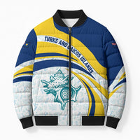 Turks and Caicos Islands Bomber Puffer Jacket with Sea Shell Graphic and Yellow Blue Wave Design - Wonder Print Shop