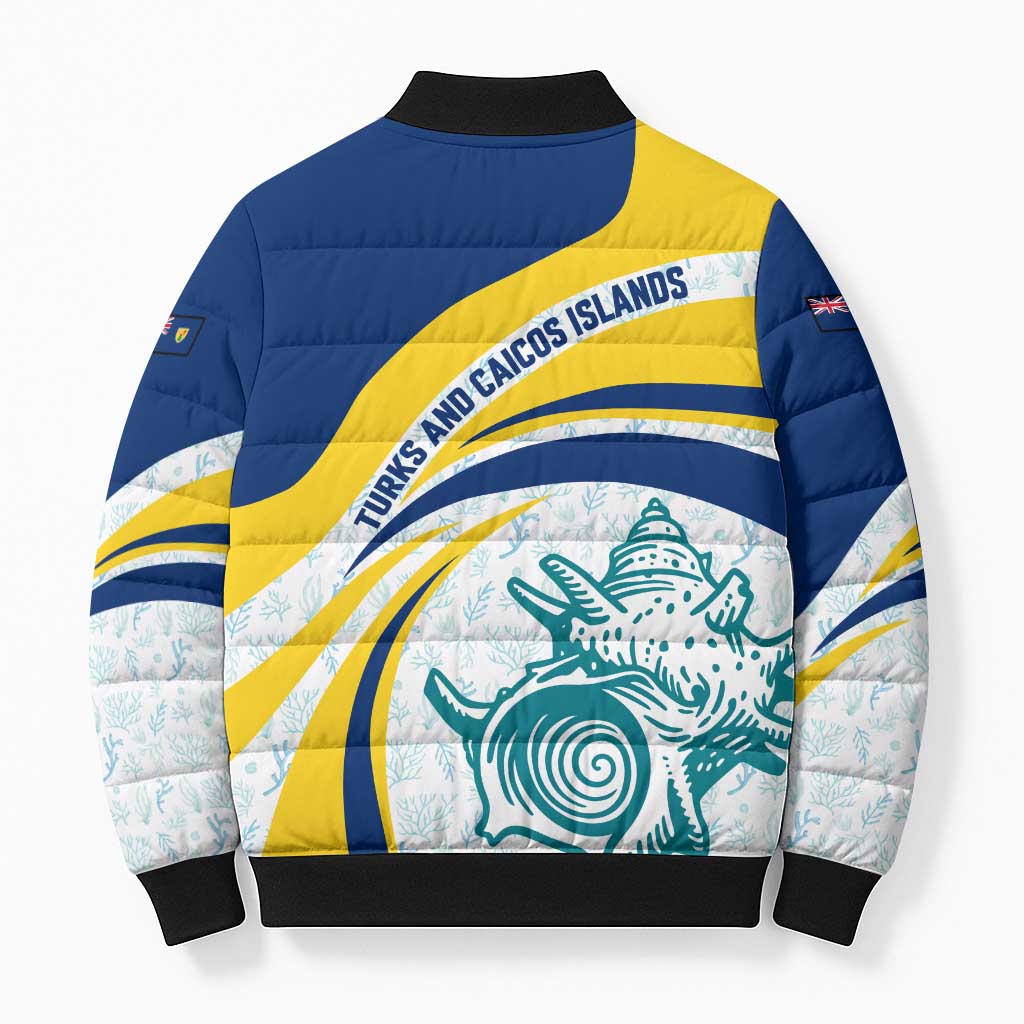 Turks and Caicos Islands Bomber Puffer Jacket with Sea Shell Graphic and Yellow Blue Wave Design - Wonder Print Shop