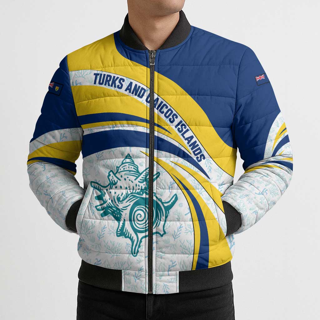 Turks and Caicos Islands Bomber Puffer Jacket with Sea Shell Graphic and Yellow Blue Wave Design - Wonder Print Shop