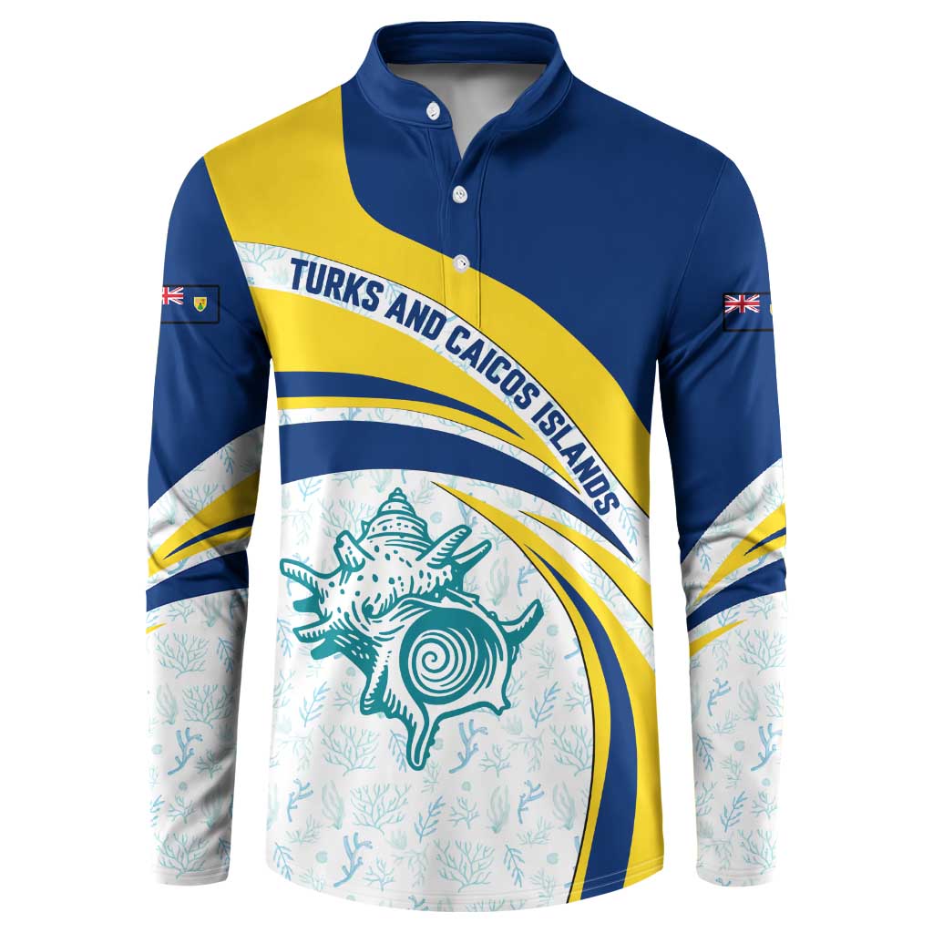 Turks and Caicos Islands Button Sweatshirt with Sea Shell Graphic and Yellow Blue Wave Design - Wonder Print Shop