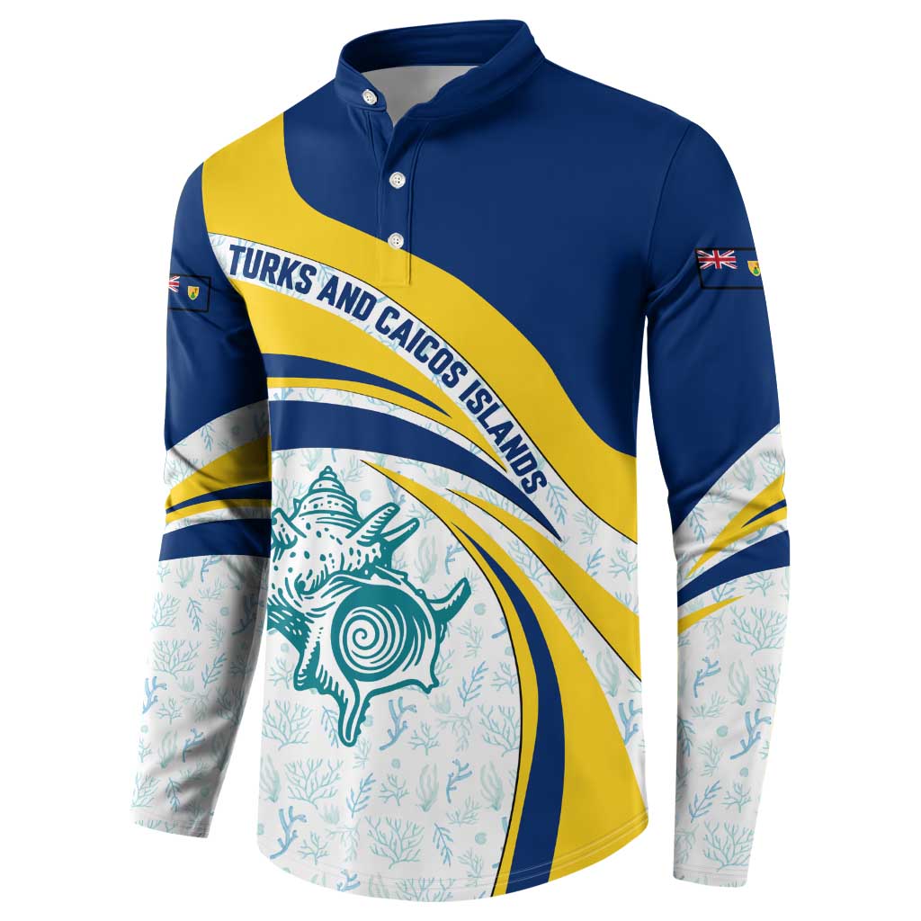 Turks and Caicos Islands Button Sweatshirt with Sea Shell Graphic and Yellow Blue Wave Design - Wonder Print Shop