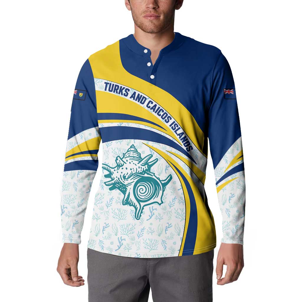 Turks and Caicos Islands Button Sweatshirt with Sea Shell Graphic and Yellow Blue Wave Design - Wonder Print Shop