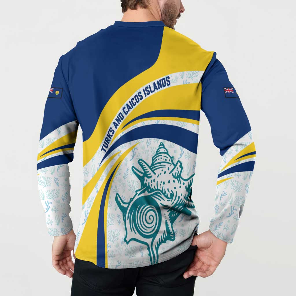 Turks and Caicos Islands Button Sweatshirt with Sea Shell Graphic and Yellow Blue Wave Design - Wonder Print Shop