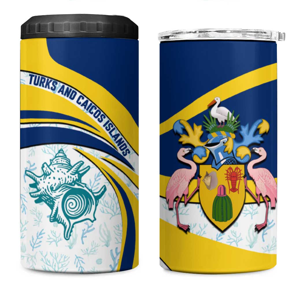 Turks and Caicos Islands 4 in 1 Can Cooler Tumbler with Sea Shell Graphic and Yellow Blue Wave Design - Wonder Print Shop