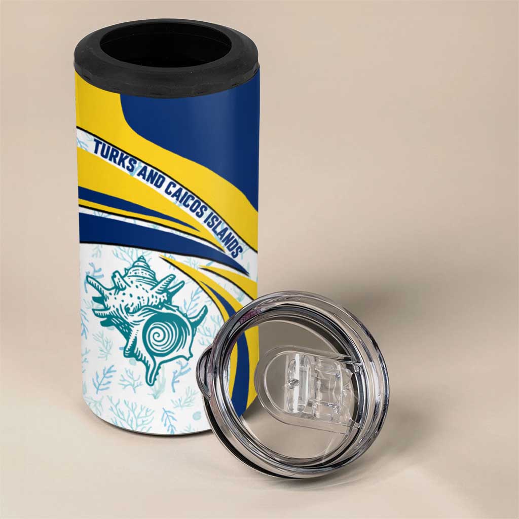 Turks and Caicos Islands 4 in 1 Can Cooler Tumbler with Sea Shell Graphic and Yellow Blue Wave Design - Wonder Print Shop