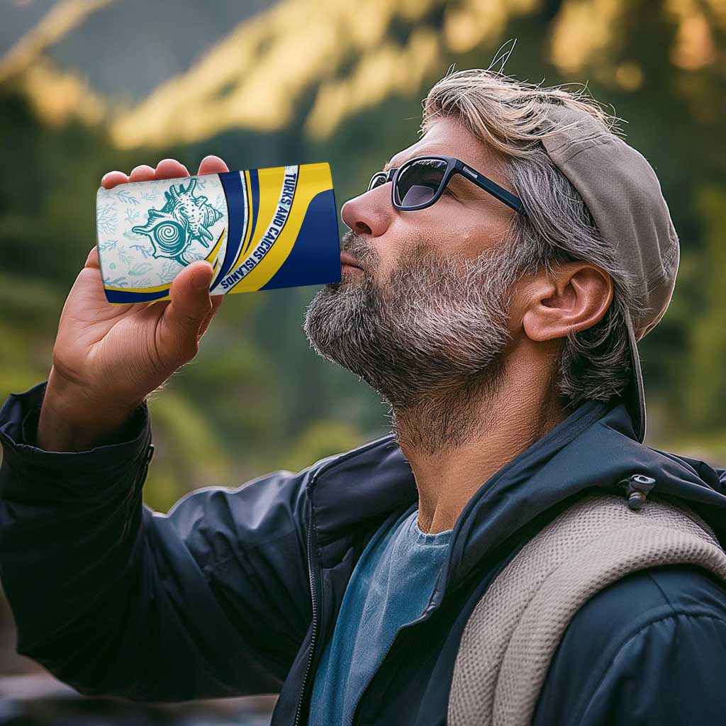 Turks and Caicos Islands 4 in 1 Can Cooler Tumbler with Sea Shell Graphic and Yellow Blue Wave Design - Wonder Print Shop