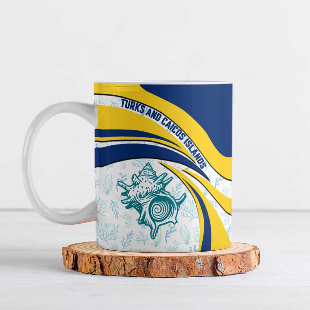Turks and Caicos Islands Ceramic Mug with Sea Shell Graphic and Yellow Blue Wave Design - Wonder Print Shop