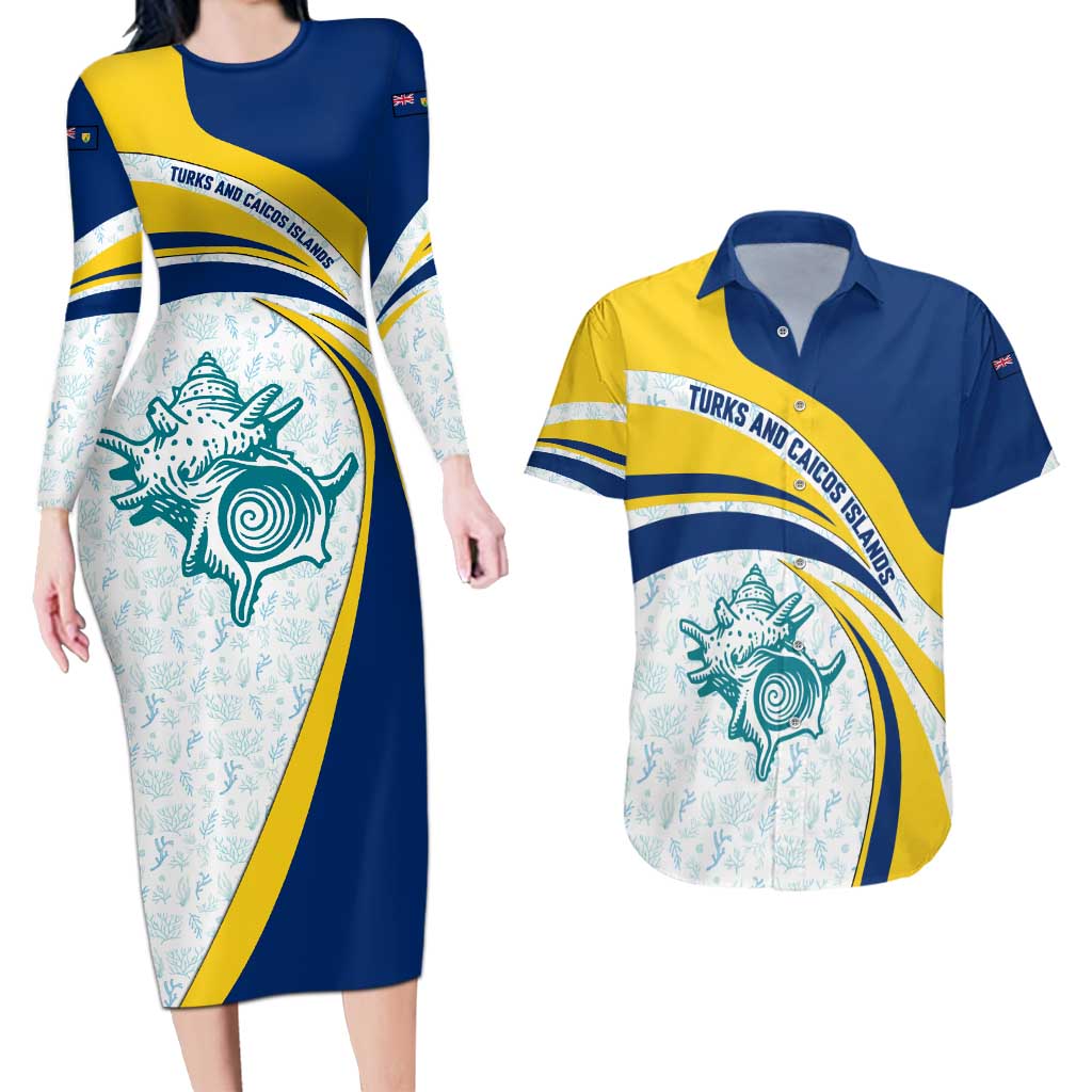 Turks and Caicos Islands Couples Matching Long Sleeve Bodycon Dress and Hawaiian Shirt with Sea Shell Graphic and Yellow Blue Wave Design - Wonder Print Shop