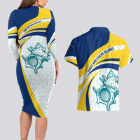 Turks and Caicos Islands Couples Matching Long Sleeve Bodycon Dress and Hawaiian Shirt with Sea Shell Graphic and Yellow Blue Wave Design - Wonder Print Shop