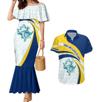 Turks and Caicos Islands Couples Matching Mermaid Dress and Hawaiian Shirt with Sea Shell Graphic and Yellow Blue Wave Design - Wonder Print Shop