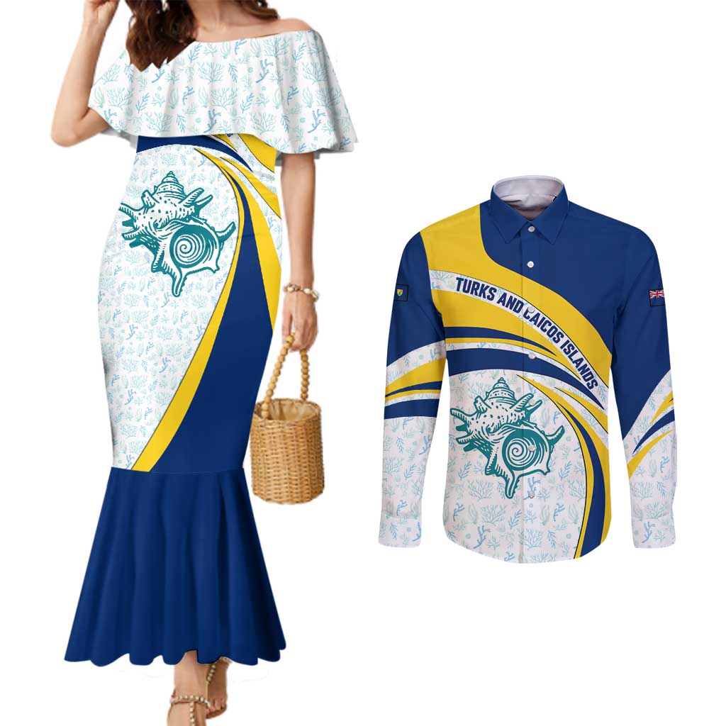 Turks and Caicos Islands Couples Matching Mermaid Dress and Long Sleeve Button Shirt with Sea Shell Graphic and Yellow Blue Wave Design - Wonder Print Shop