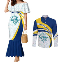 Turks and Caicos Islands Couples Matching Mermaid Dress and Long Sleeve Button Shirt with Sea Shell Graphic and Yellow Blue Wave Design - Wonder Print Shop