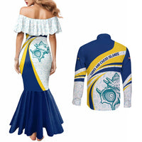 Turks and Caicos Islands Couples Matching Mermaid Dress and Long Sleeve Button Shirt with Sea Shell Graphic and Yellow Blue Wave Design - Wonder Print Shop