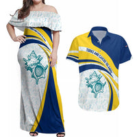 Turks and Caicos Islands Couples Matching Off Shoulder Maxi Dress and Hawaiian Shirt with Sea Shell Graphic and Yellow Blue Wave Design - Wonder Print Shop