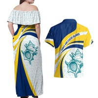 Turks and Caicos Islands Couples Matching Off Shoulder Maxi Dress and Hawaiian Shirt with Sea Shell Graphic and Yellow Blue Wave Design - Wonder Print Shop