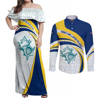 Turks and Caicos Islands Couples Matching Off Shoulder Maxi Dress and Long Sleeve Button Shirt with Sea Shell Graphic and Yellow Blue Wave Design - Wonder Print Shop