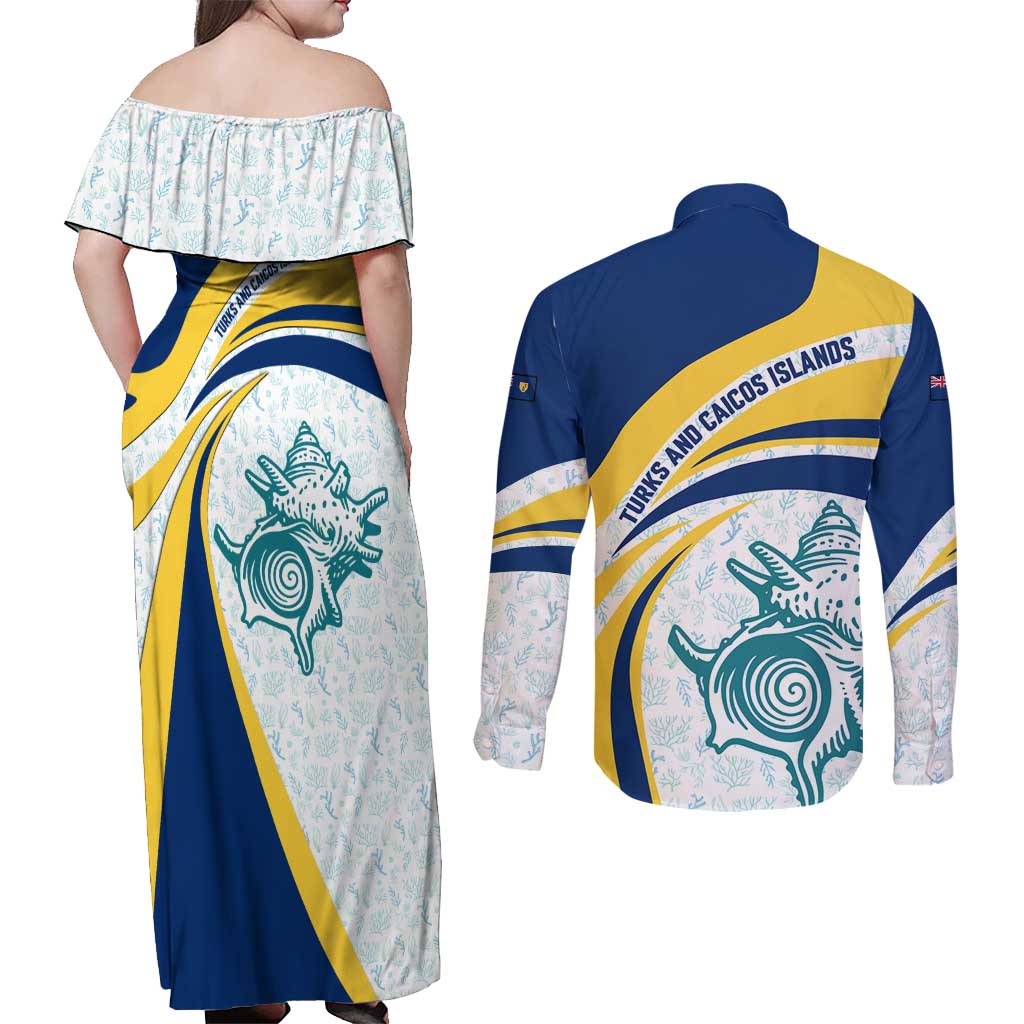 Turks and Caicos Islands Couples Matching Off Shoulder Maxi Dress and Long Sleeve Button Shirt with Sea Shell Graphic and Yellow Blue Wave Design - Wonder Print Shop