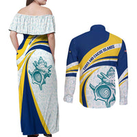 Turks and Caicos Islands Couples Matching Off Shoulder Maxi Dress and Long Sleeve Button Shirt with Sea Shell Graphic and Yellow Blue Wave Design - Wonder Print Shop