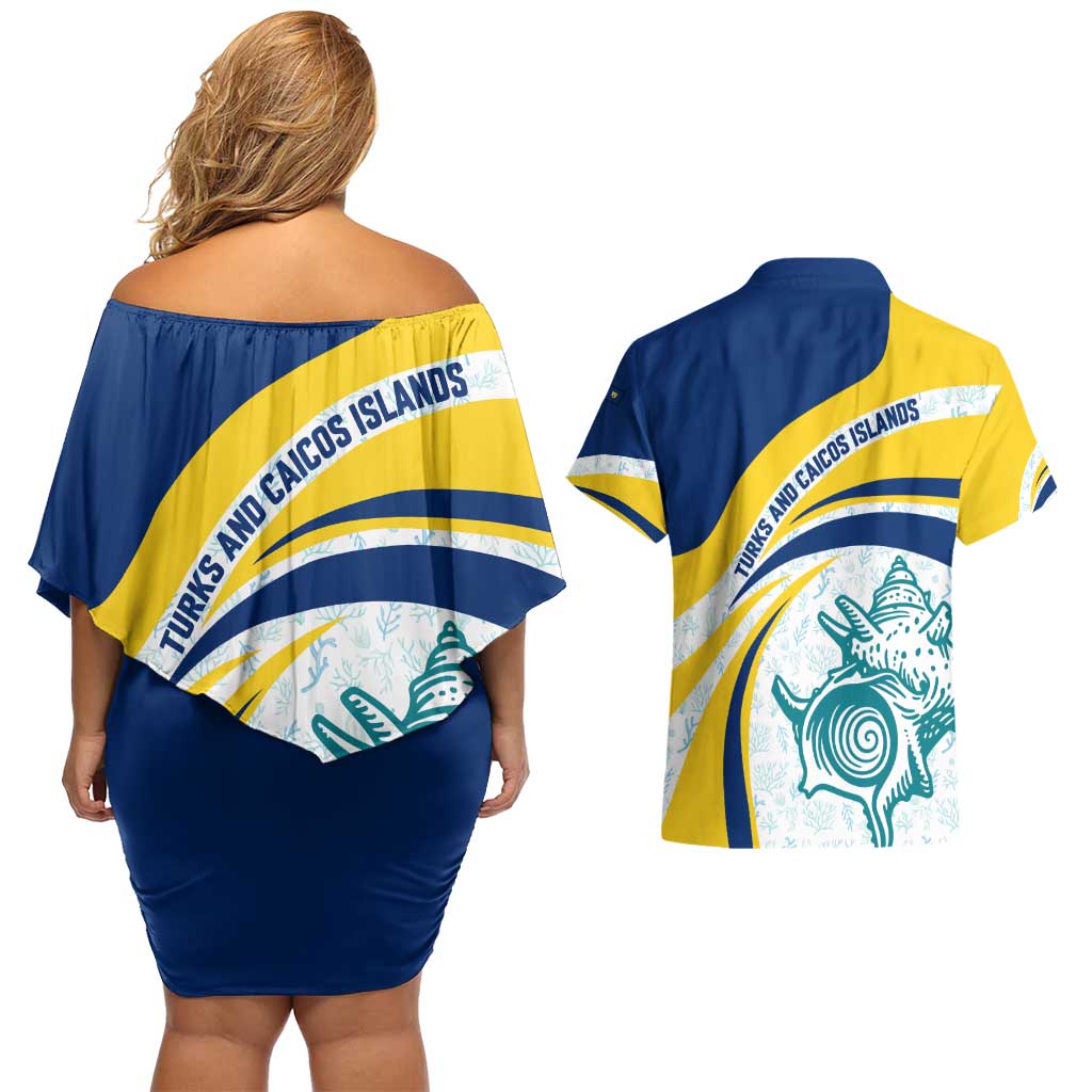 Turks and Caicos Islands Couples Matching Off Shoulder Short Dress and Hawaiian Shirt with Sea Shell Graphic and Yellow Blue Wave Design - Wonder Print Shop