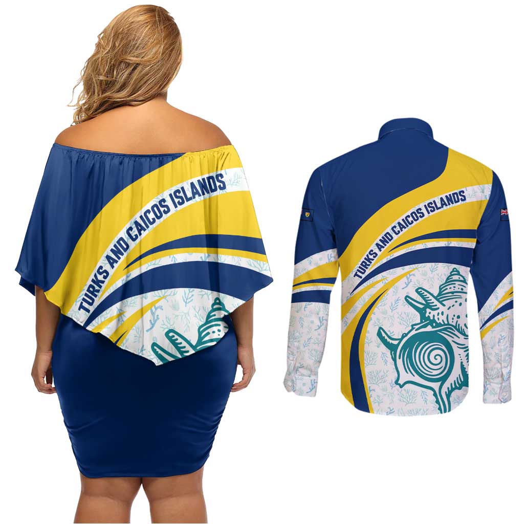 Turks and Caicos Islands Couples Matching Off Shoulder Short Dress and Long Sleeve Button Shirt with Sea Shell Graphic and Yellow Blue Wave Design - Wonder Print Shop