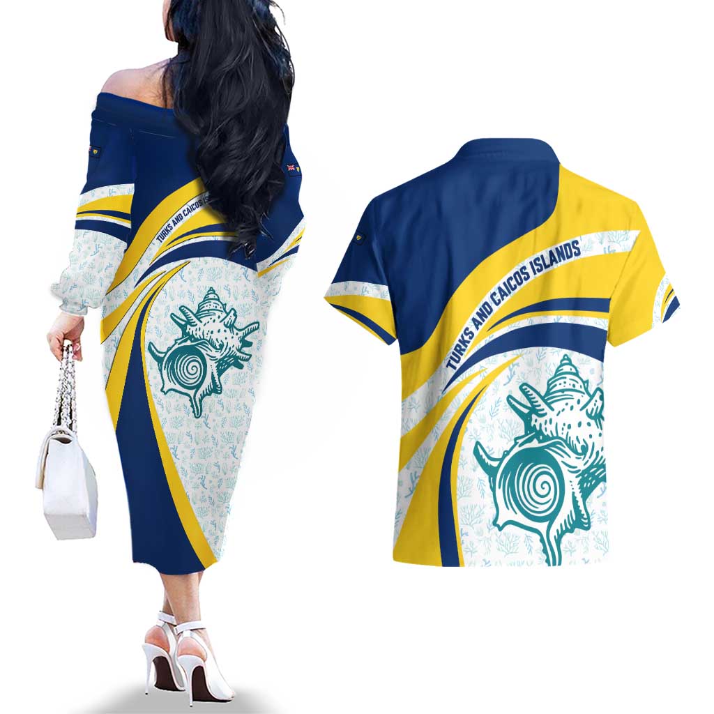Turks and Caicos Islands Couples Matching Off The Shoulder Long Sleeve Dress and Hawaiian Shirt with Sea Shell Graphic and Yellow Blue Wave Design - Wonder Print Shop