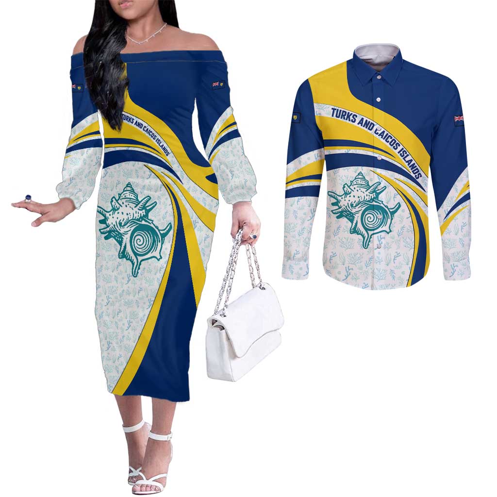 Turks and Caicos Islands Couples Matching Off The Shoulder Long Sleeve Dress and Long Sleeve Button Shirt with Sea Shell Graphic and Yellow Blue Wave Design - Wonder Print Shop