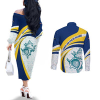 Turks and Caicos Islands Couples Matching Off The Shoulder Long Sleeve Dress and Long Sleeve Button Shirt with Sea Shell Graphic and Yellow Blue Wave Design - Wonder Print Shop