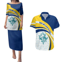 Turks and Caicos Islands Couples Matching Puletasi and Hawaiian Shirt with Sea Shell Graphic and Yellow Blue Wave Design - Wonder Print Shop