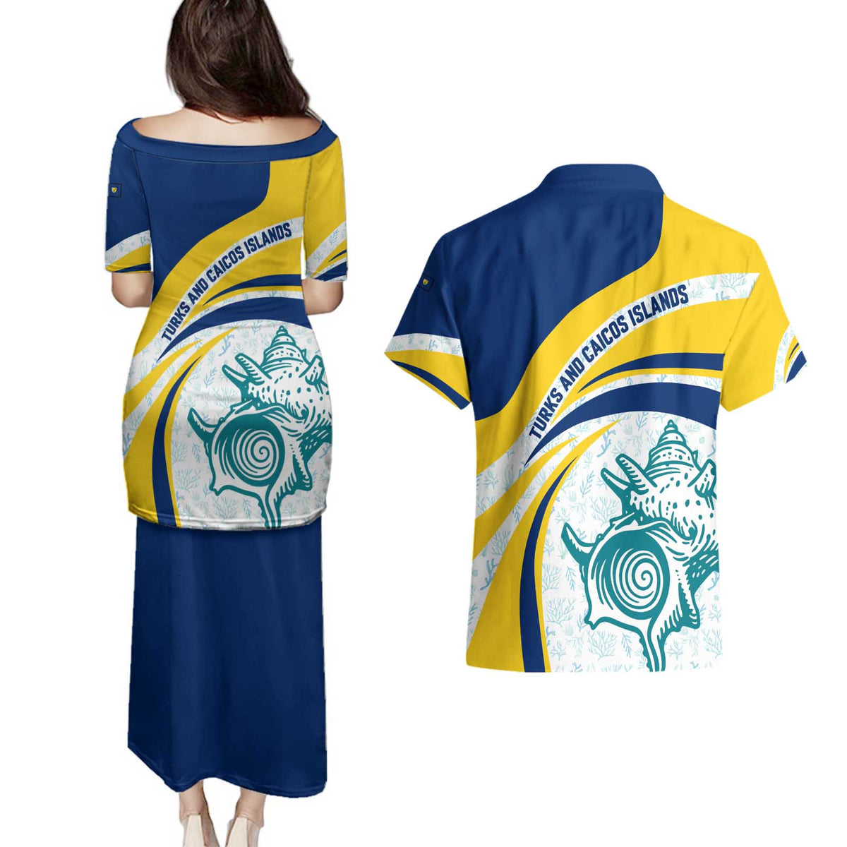 Turks and Caicos Islands Couples Matching Puletasi and Hawaiian Shirt with Sea Shell Graphic and Yellow Blue Wave Design - Wonder Print Shop