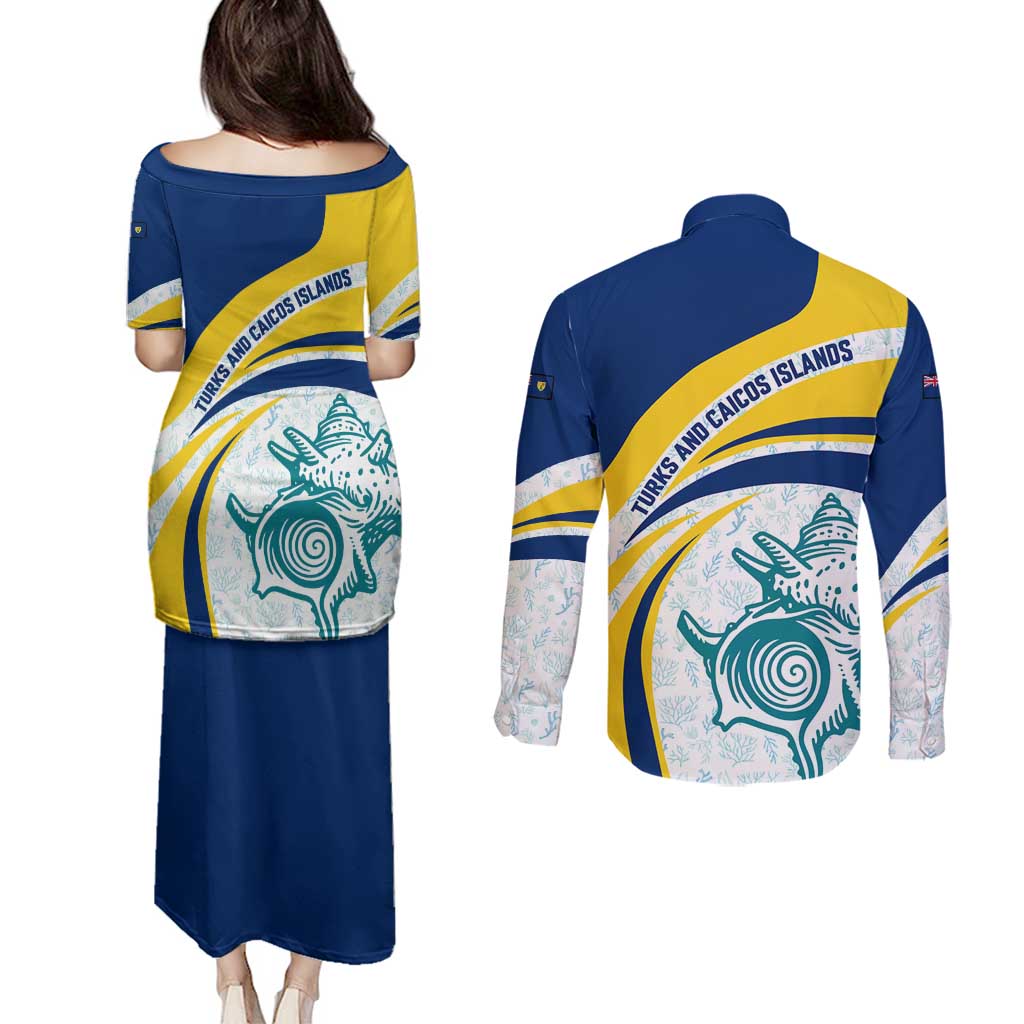 Turks and Caicos Islands Couples Matching Puletasi and Long Sleeve Button Shirt with Sea Shell Graphic and Yellow Blue Wave Design - Wonder Print Shop