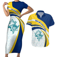 Turks and Caicos Islands Couples Matching Short Sleeve Bodycon Dress and Hawaiian Shirt with Sea Shell Graphic and Yellow Blue Wave Design - Wonder Print Shop